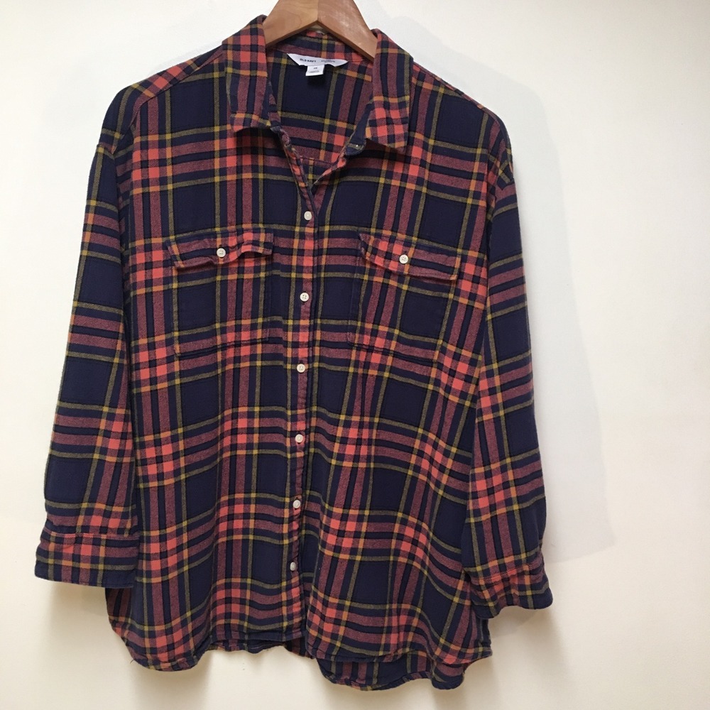 Old Navy Flannel Boyfriend Shirt Women 2X Navy Multicolored Plaid Button Down